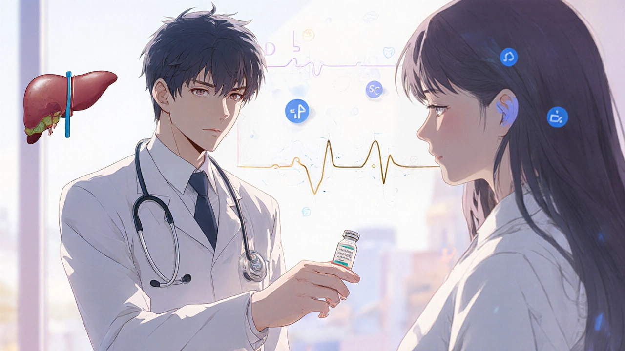 A hepatologist handing chloroquine phosphate to a patient with metabolic syndrome symbols, soft morning light in a clinic.