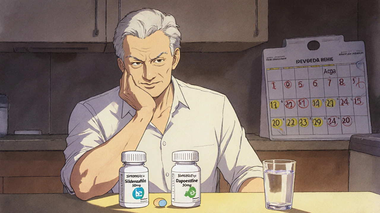 A man comparing two separate ED and PE pills on a kitchen table at dawn.