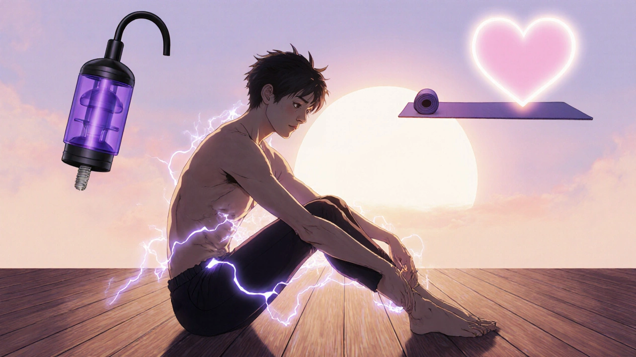 A man doing Kegel exercises at sunrise with symbolic natural health elements around him.