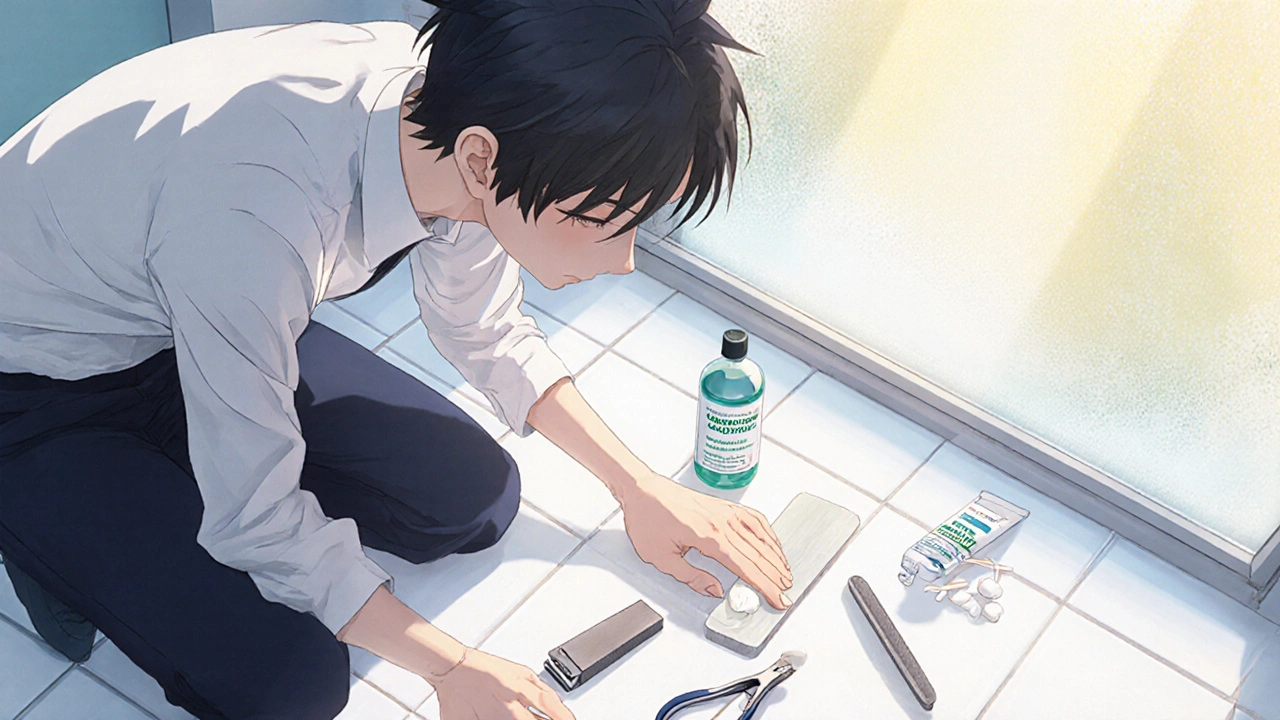 Bishounen applying clotrimazole cream to a trimmed nail among neatly arranged treatment tools in a bright bathroom.