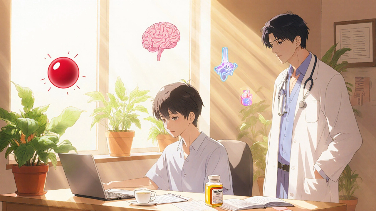 Bishounen doctor reassuring patient, with mebendazole bottle and symbols of health benefits.