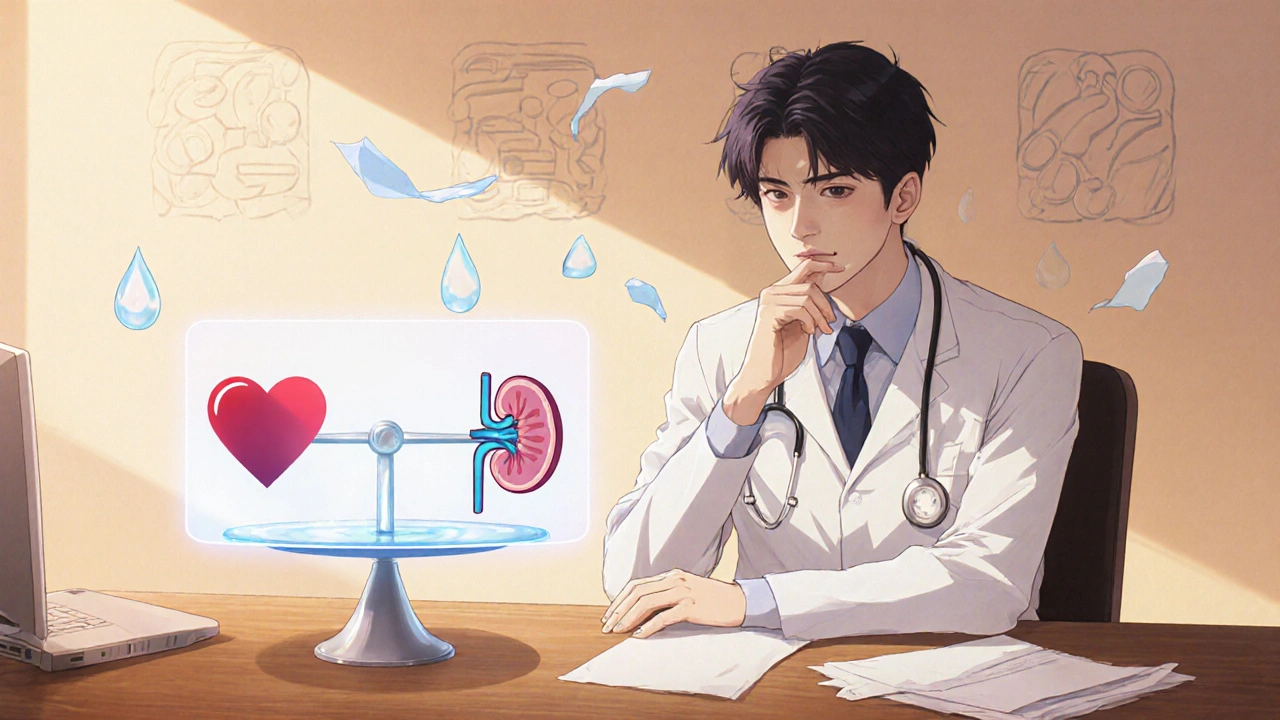 Bishounen doctor viewing a holographic scale balancing heart and kidneys in a calm office.