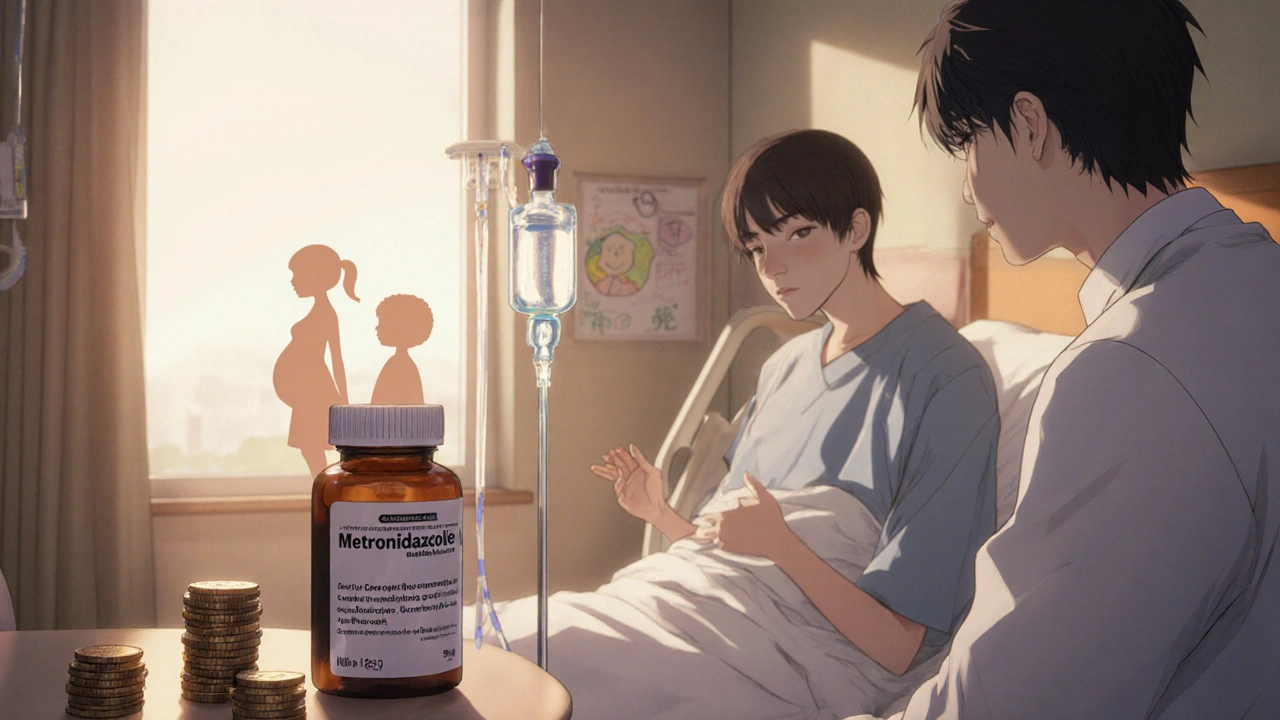Bishounen doctor with patient in hospital, IV drip and generic tablet bottle with coins.