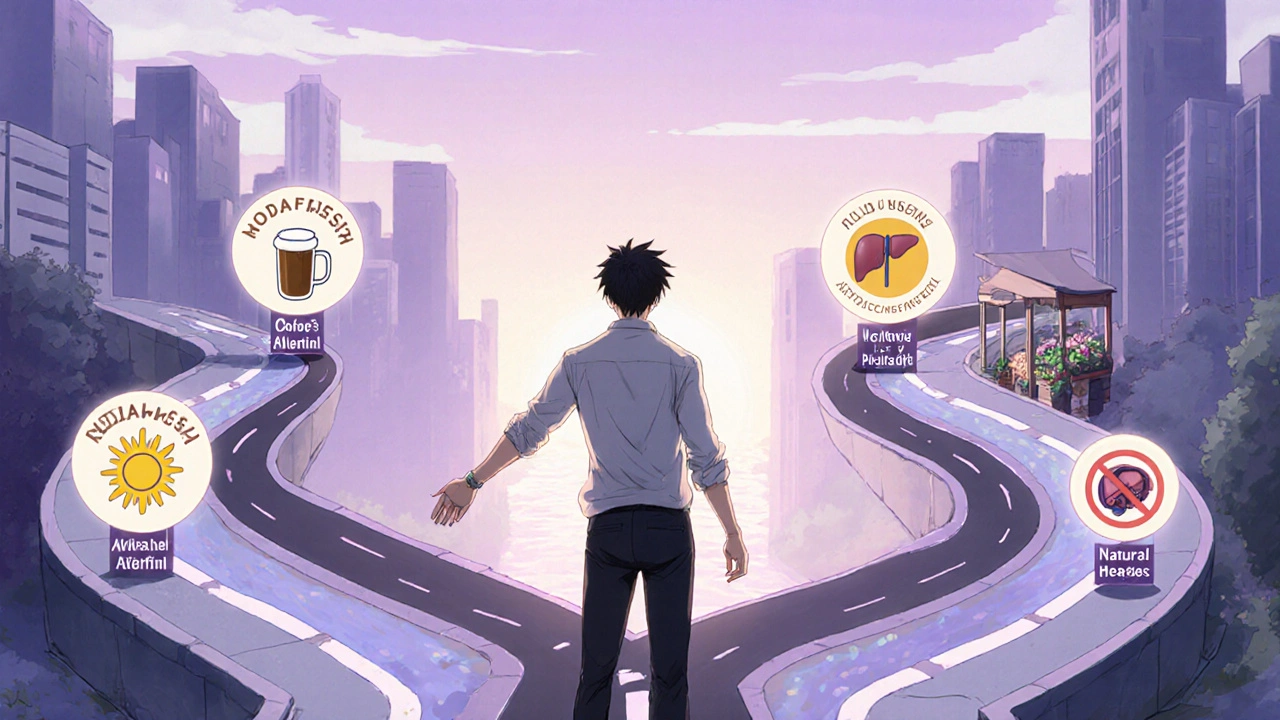 Bishounen hero at a sunrise‑lit crossroads choosing a path for all‑day alertness.