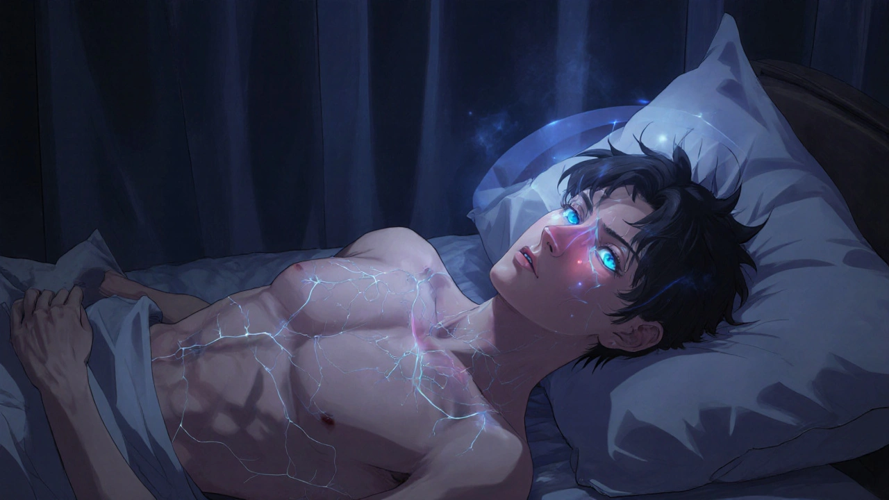 Bishounen lying in bed with flushed skin, blue‑tinted vision, and illustrated blood vessels.