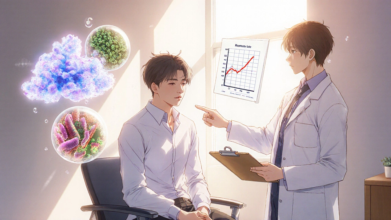 Bishounen patient with floating infection icons and caring doctor in clinic.