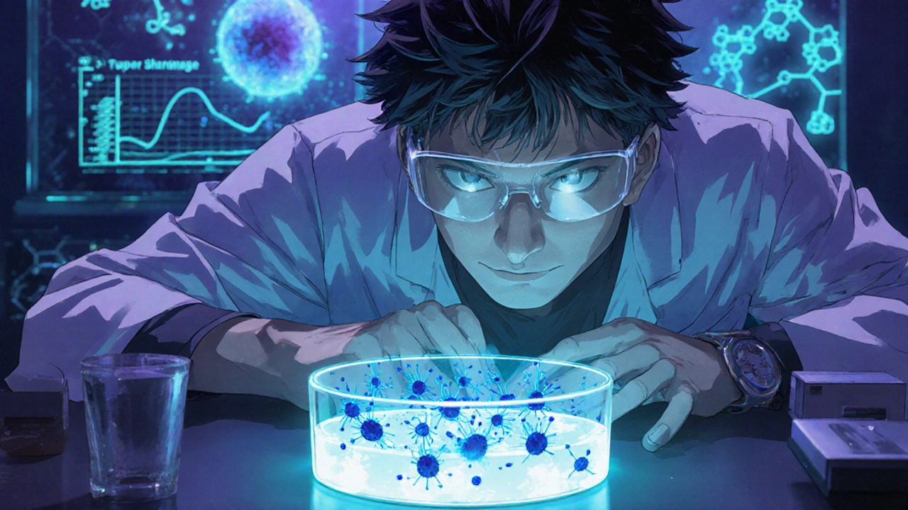 Bishounen scientist watching cancer cells shrink as mebendazole disrupts microtubules.