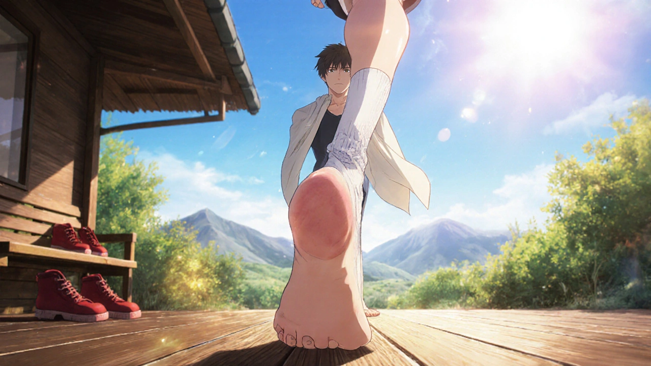 Bishounen walking barefoot on a sunny deck, displaying a clear, healthy toenail against a green garden backdrop.
