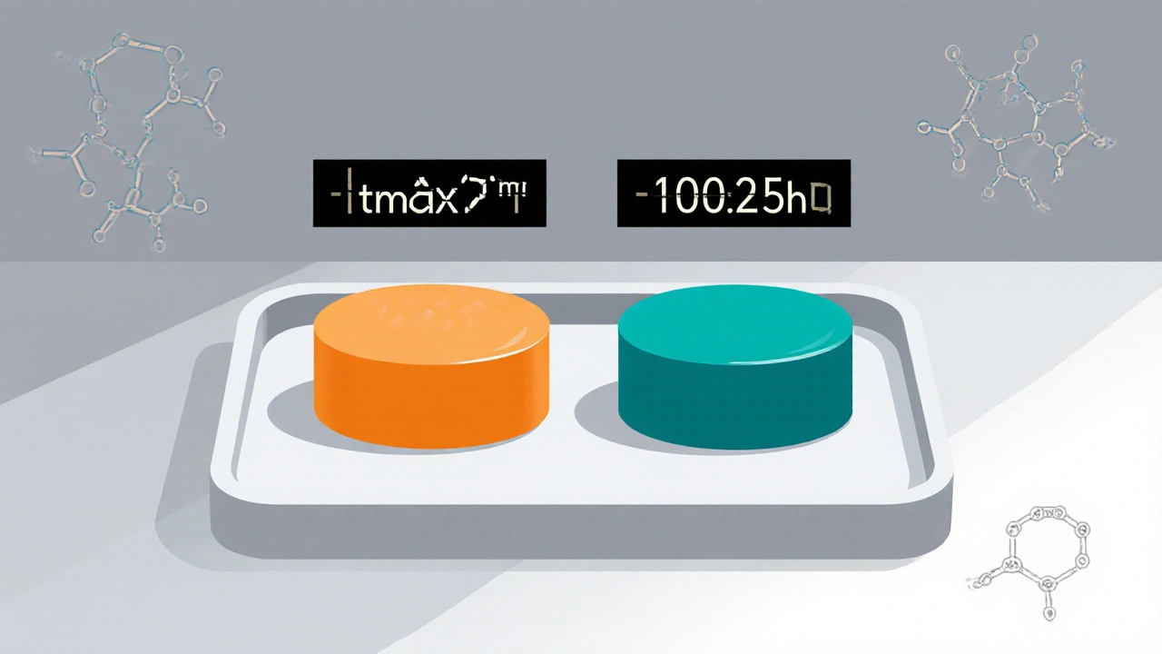 Close‑up of Vilafinil and generic Modafinil tablets on a lab tray with tmax times shown.