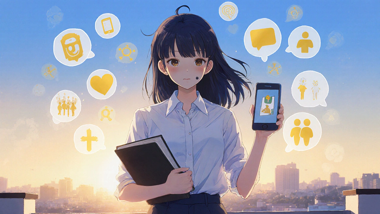 Confident woman on a balcony holding a diary and phone, with floating symbols of health resources.