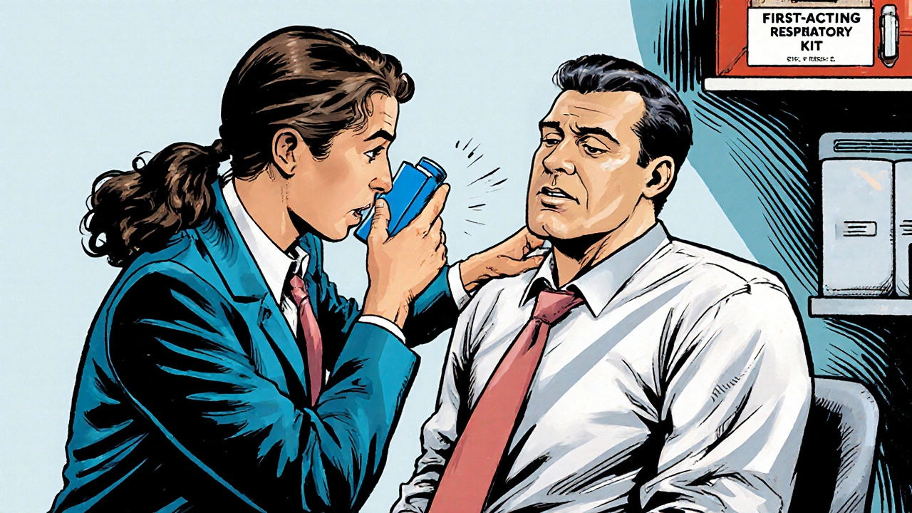 Coworker helps trembling employee use a blue inhaler while a first‑aid kit hangs nearby.
