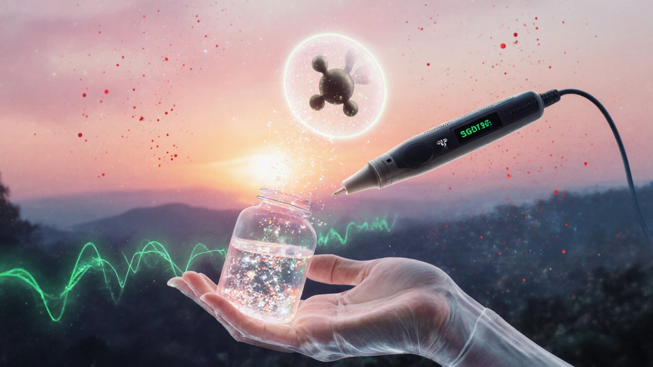 Digital art showing liquid biopsy DNA fragments and a SGLT2 inhibitor molecule.