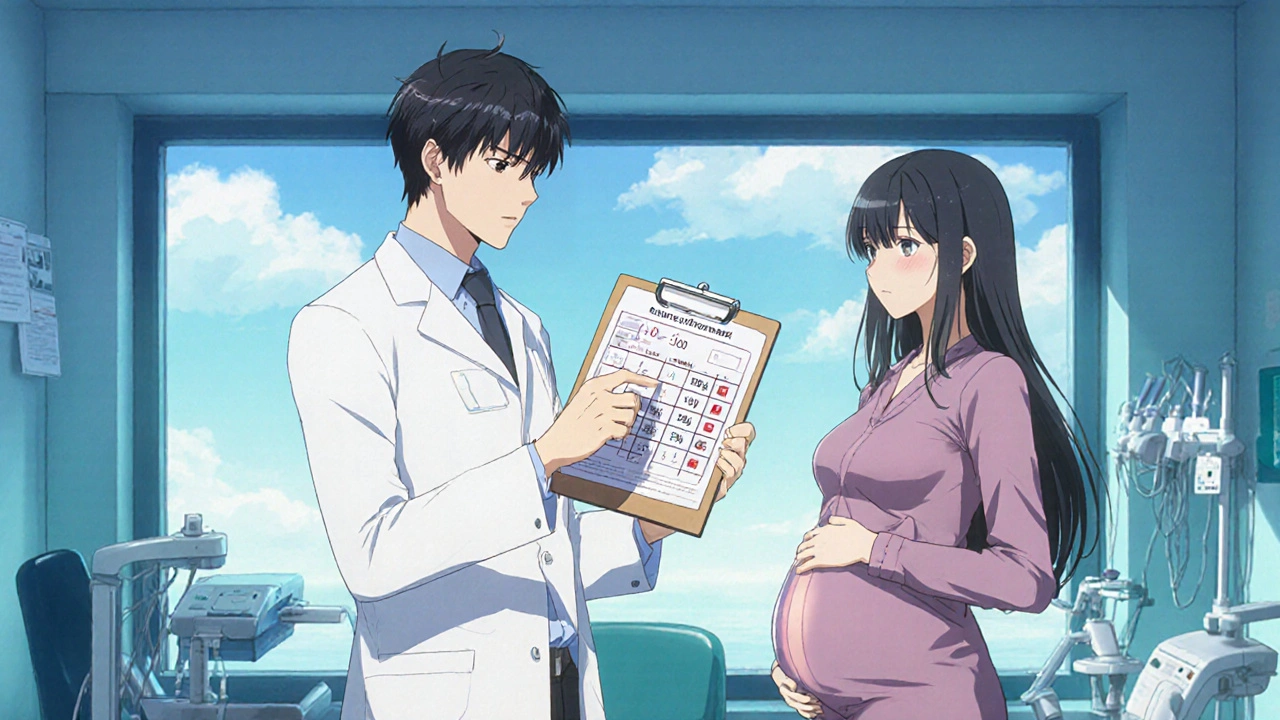 Doctor showing a dosage chart to a pregnant patient, highlighting dose increase and monitoring.