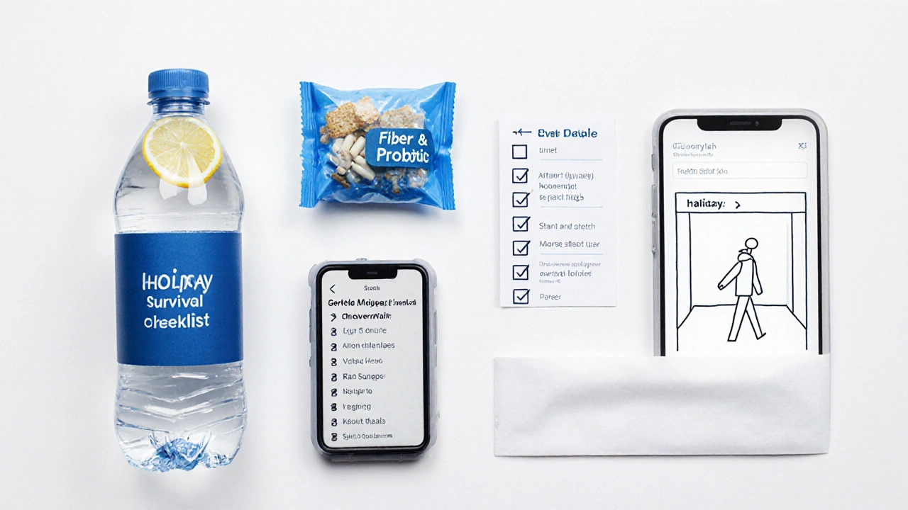 Flat‑design holiday survival kit with water bottle, meds, snack, checklist, and phone reminder.