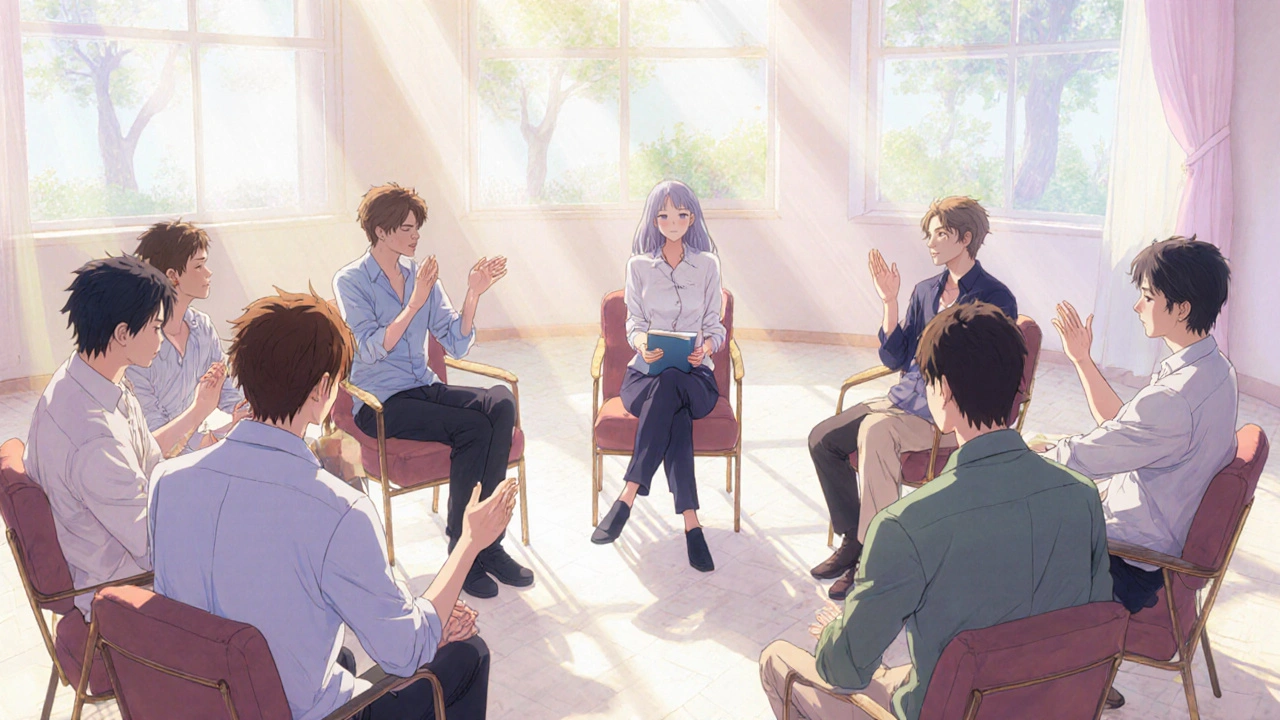 Group of bishounen characters sitting in a circle, sharing support in a bright community room.