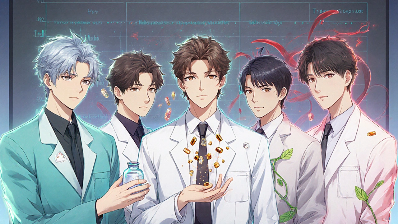 Group of five bishounen characters each representing a different diuretic, surrounded by colored symbols.