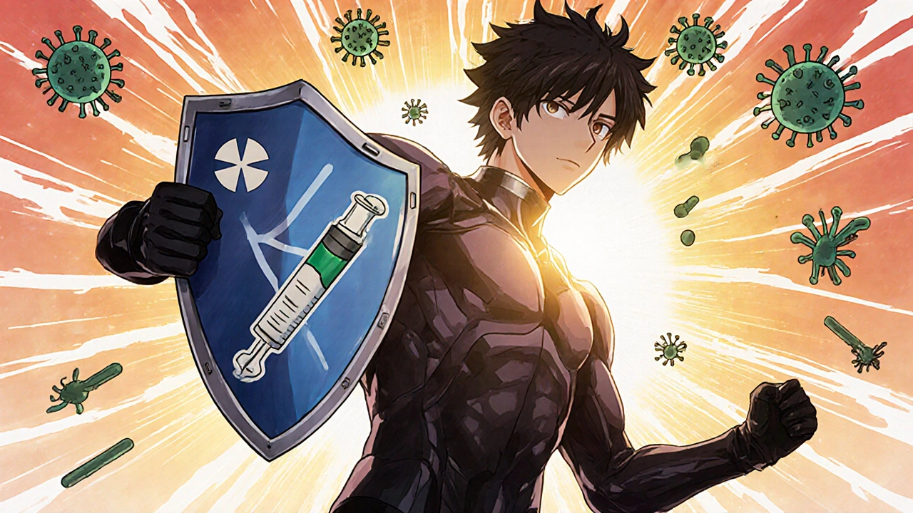 Heroic bishounen with vaccine‑shield repelling stylized microbes.