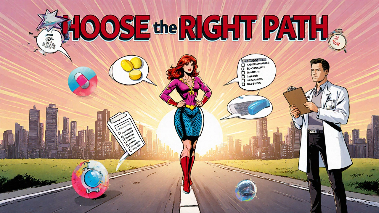 Heroine at crossroads with icons of treatment options and a doctor holding a checklist.