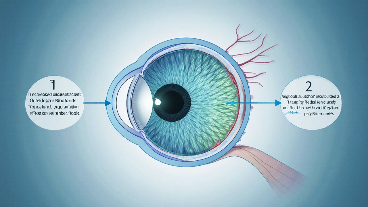 Illustrated eye cross‑section showing fluid pathways for different glaucoma drugs with flow arrows.