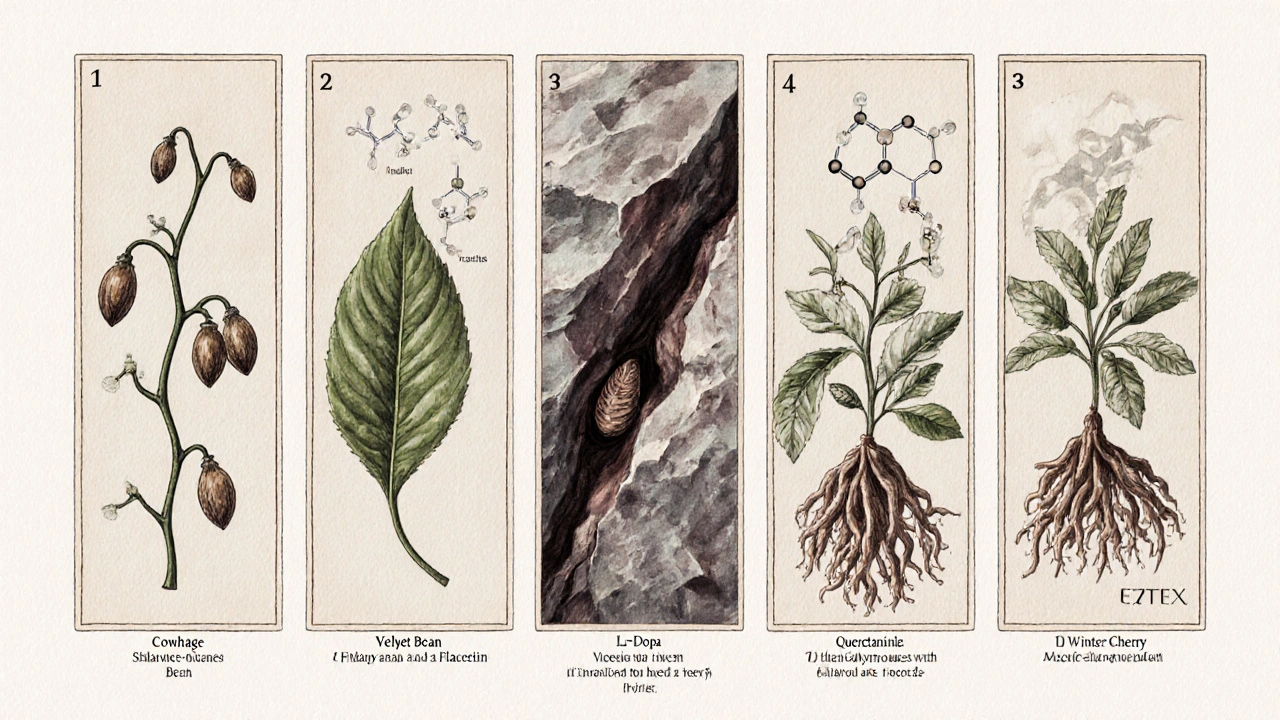 Illustrated panels of cowhage, velvet bean, shilajit, small caltrops, and winter cherry with molecular overlays.