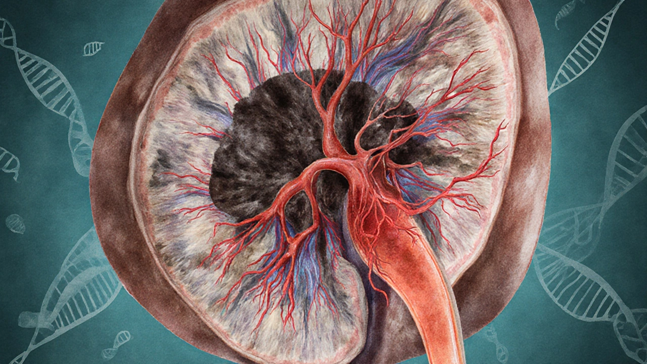 Illustration of a kidney tumor invading a vein with bright blood vessels.