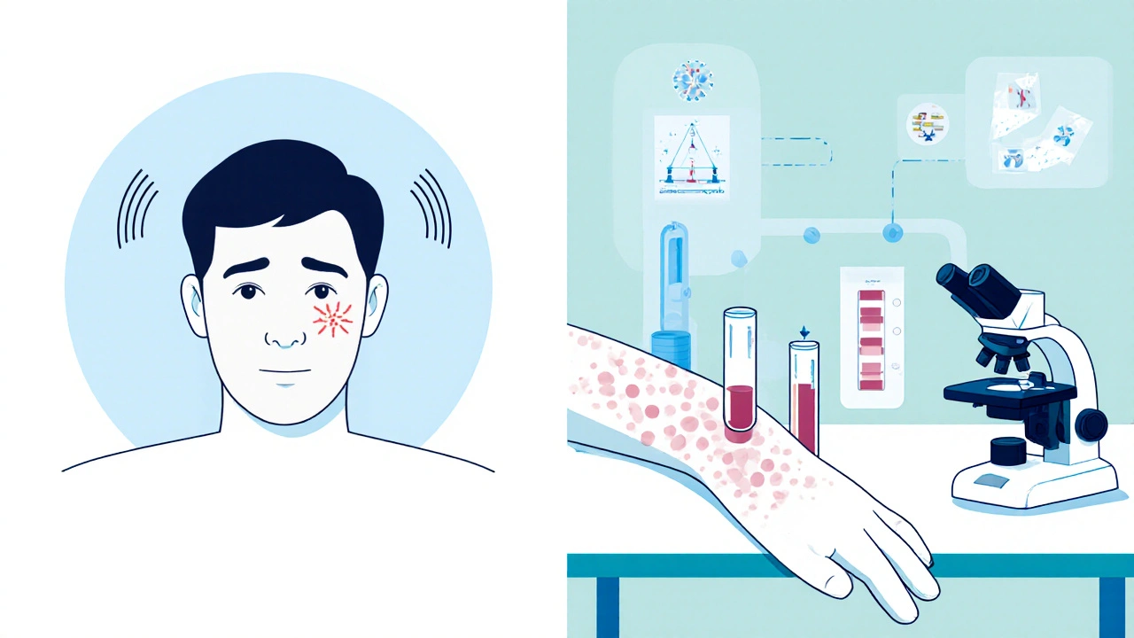 Illustration showing a person with fever, headache, rash and lab equipment.