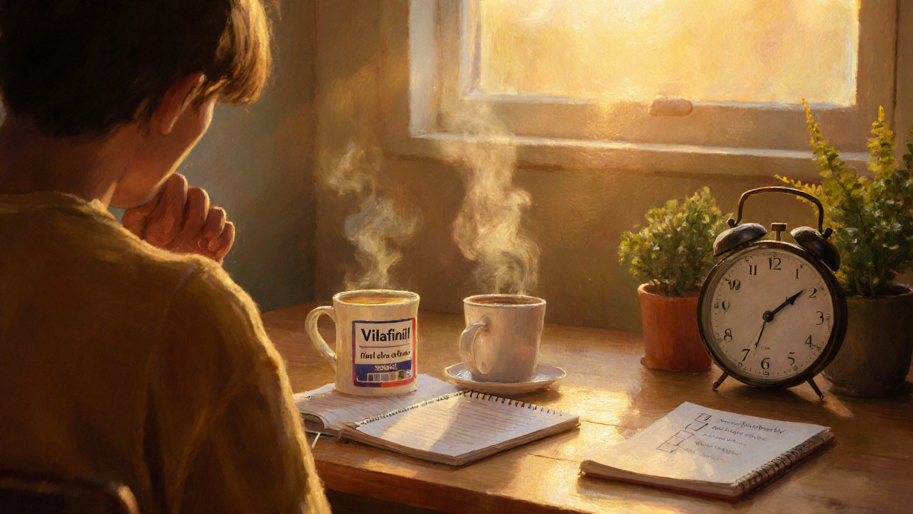 Individual at sunrise‑lit desk choosing between a pill bottle, coffee mug, and clock.