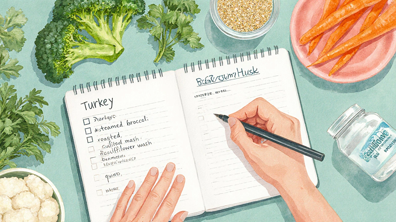 Kitchen countertop with grocery list, fresh vegetables, quinoa, and fiber supplement.