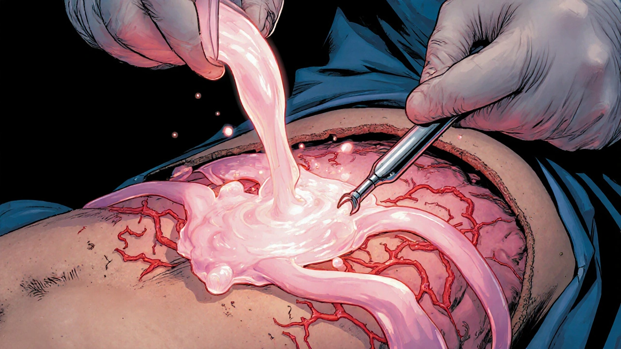 Liposuction with tumescent prilocaine solution creating a water‑logged abdomen, illustrated like a Marvel comic.