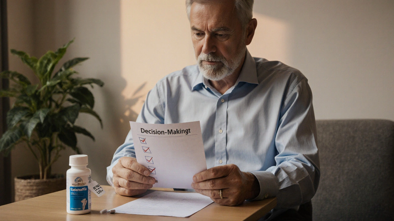 Man reviewing a checklist with pill bottles and a price tag in an office break room.