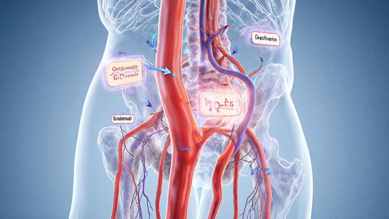 Medical cross‑section showing penile blood vessels with PDE5 inhibitor icons.
