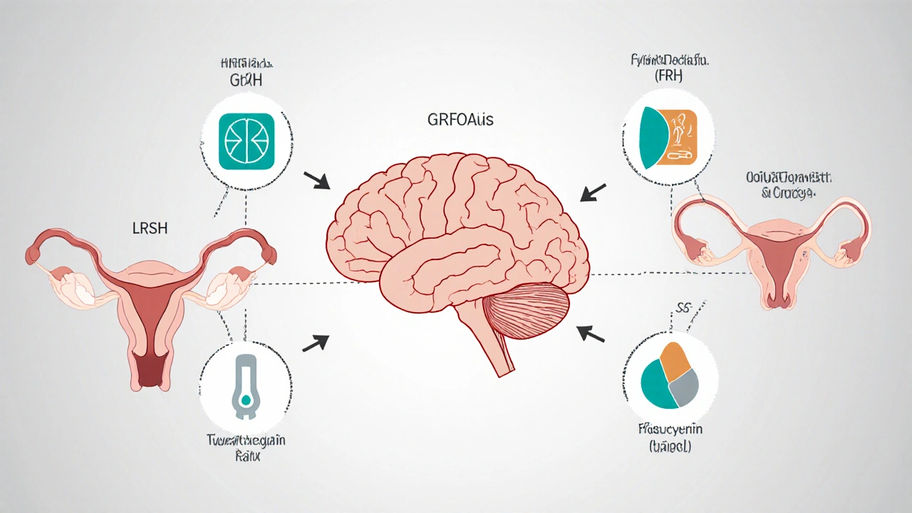 Medical illustration of the HPO axis showing hormone flow and related neurotransmitters.