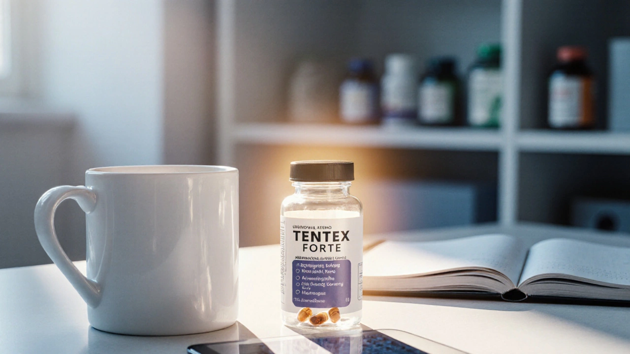 Morning home office with Tentex Forte capsules and a person appearing focused and energized.