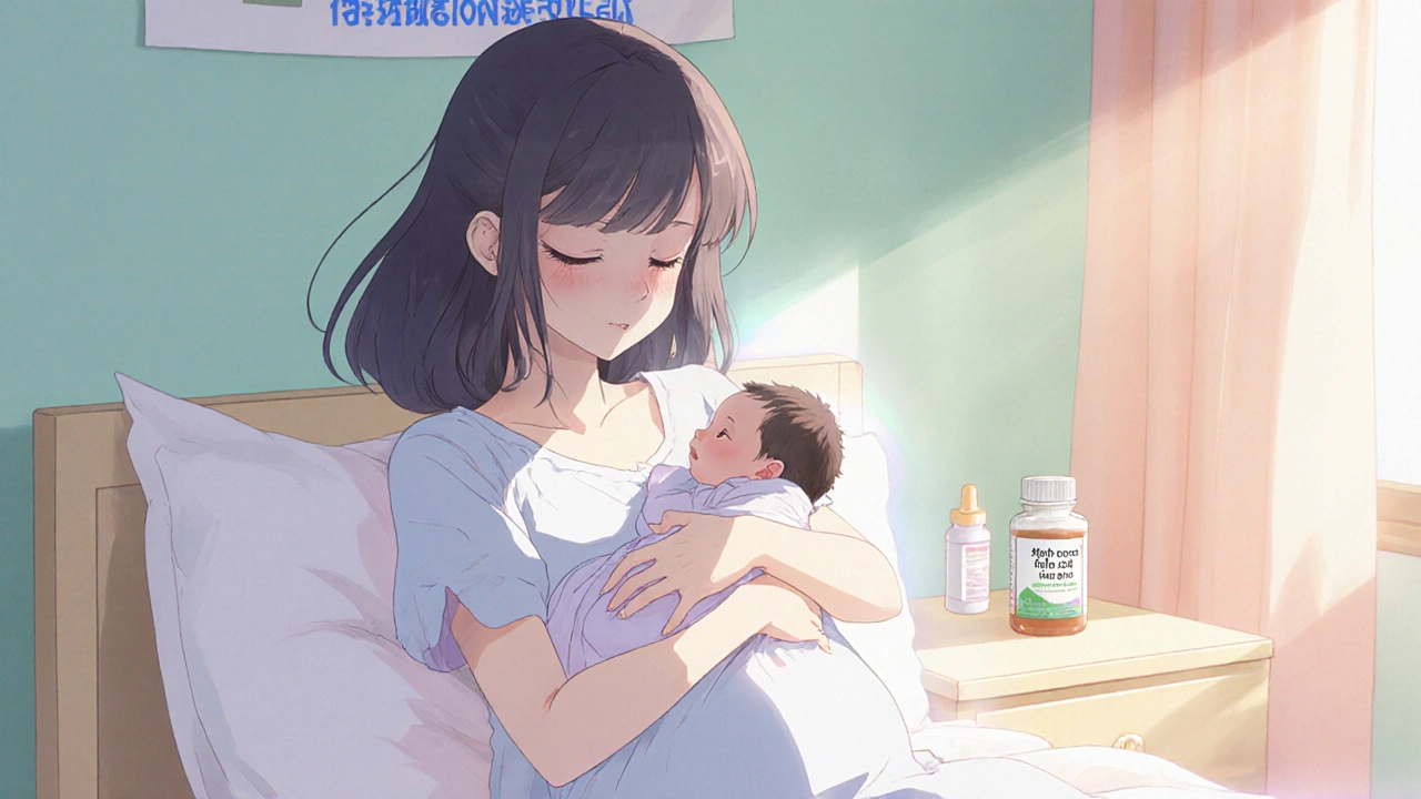 Mother gently holding her newborn in a pastel nursery, with folic acid supplement nearby.
