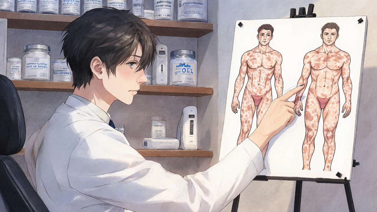 Patient and dermatologist reviewing a vitiligo body chart in a clinic.