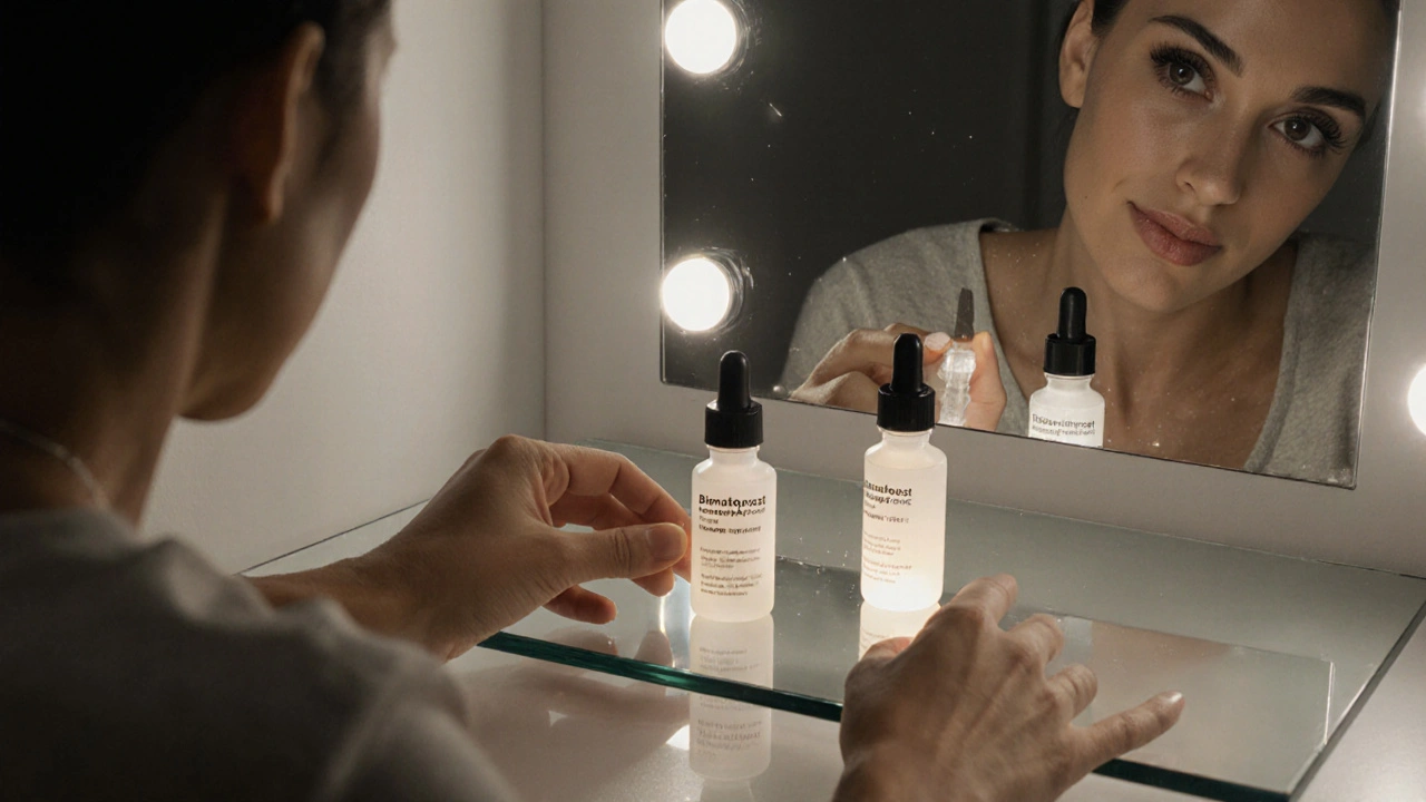 Person arranging eye‑drop bottles on a reflective surface, mirror shows longer dark eyelashes.