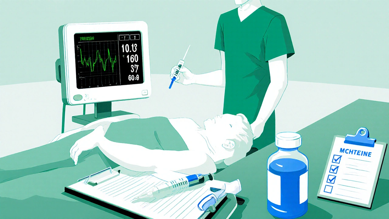 Post‑op monitoring checklist with surgeon checking vitals after a prilocaine tumescent injection, comic style.
