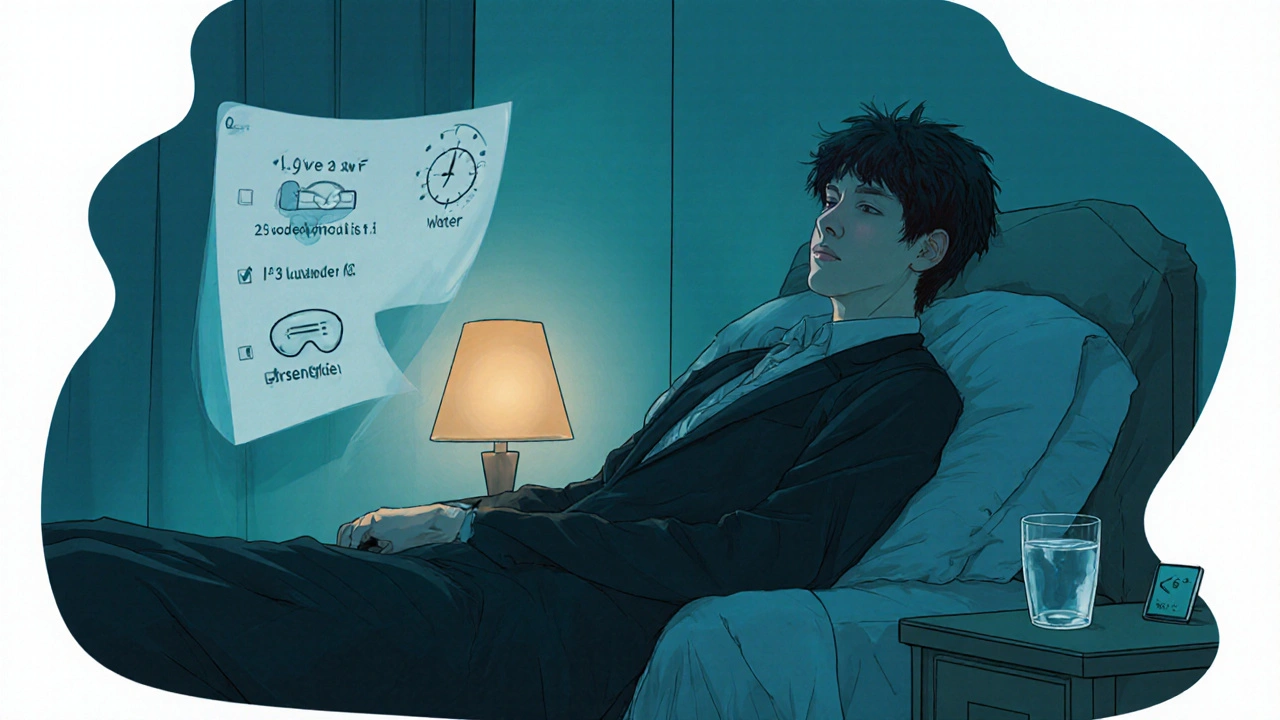 Relaxed young man in a cool, softly lit bedroom with water glass and sleep‑aid icons.