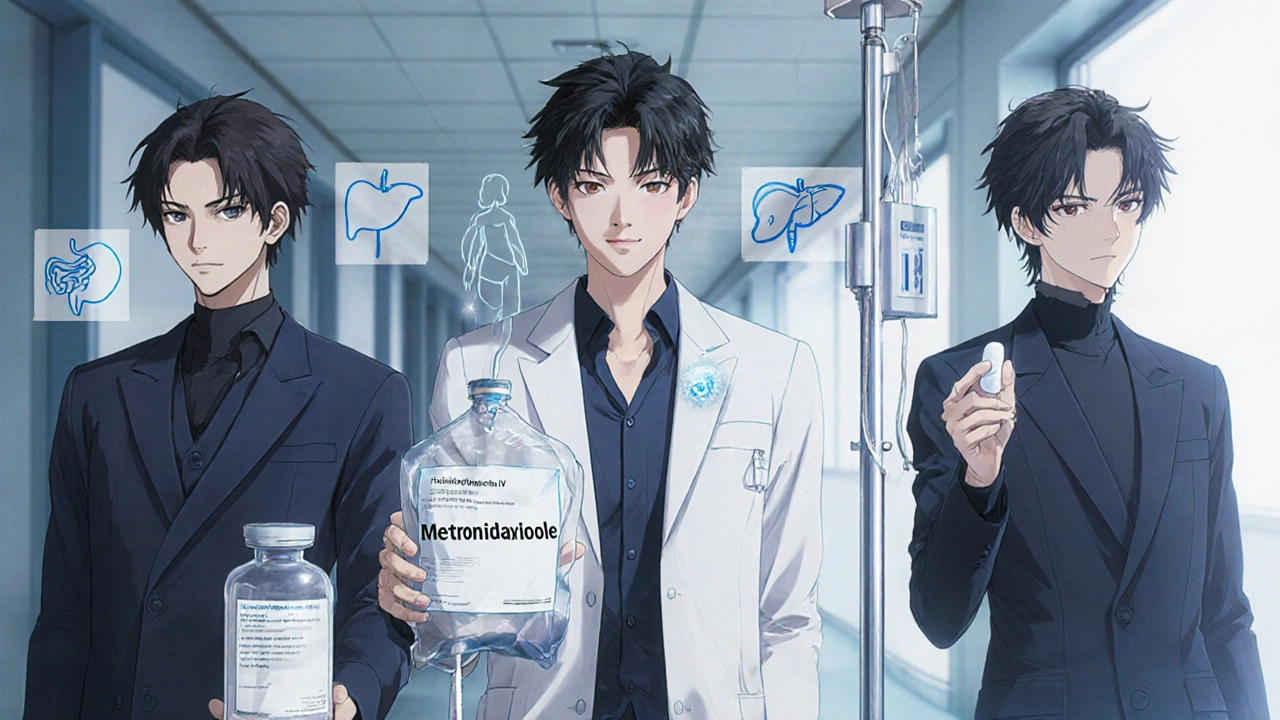 Three bishounen characters representing tinidazole, IV metronidazole, and secnidazole.