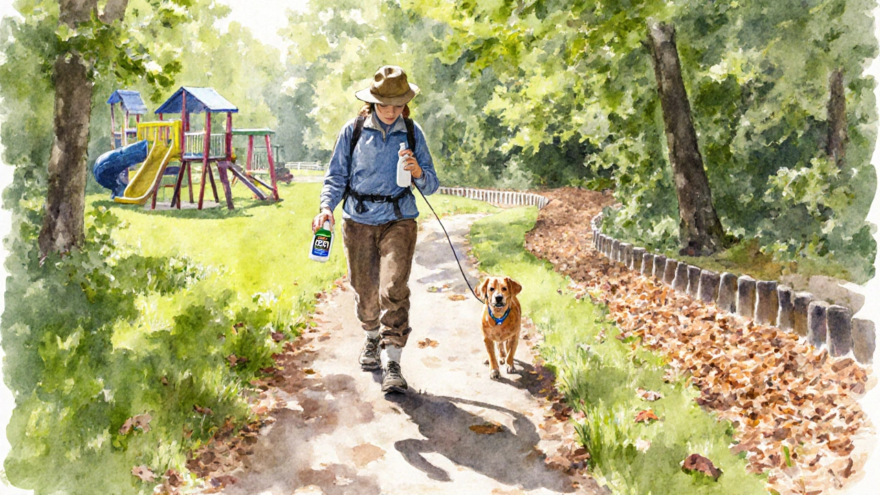 Watercolor of a hiker using repellent and checking for ticks outdoors.