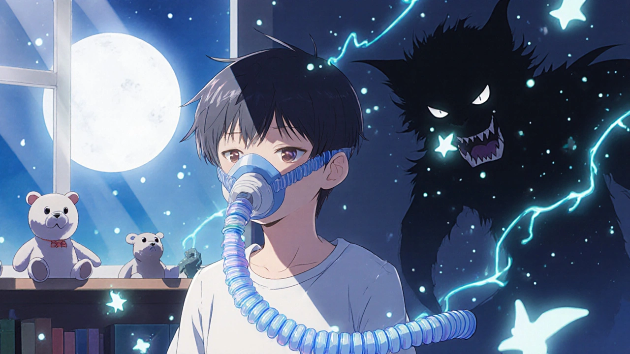 A boy wearing a CPAP mask with peaceful air particles guiding his breath, anime style.
