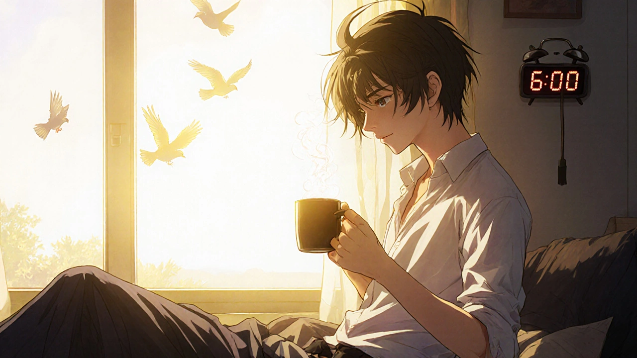 A bright-eyed young man greeting the morning sun, standing by a window with coffee, representing a morning lark’s natural energy.