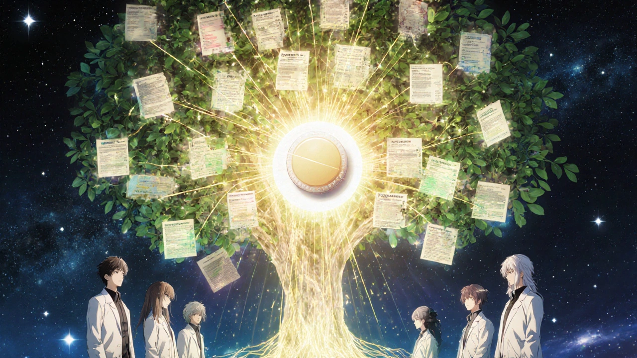 A celestial committee of figures analyzes patient safety data through glowing holographic reports.