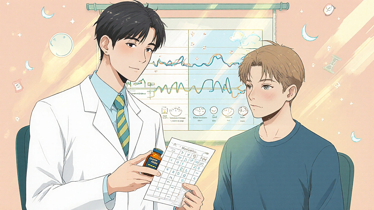 A doctor hands a patient melatonin and a sleep diary in a sunlit office with a sleep timeline chart.