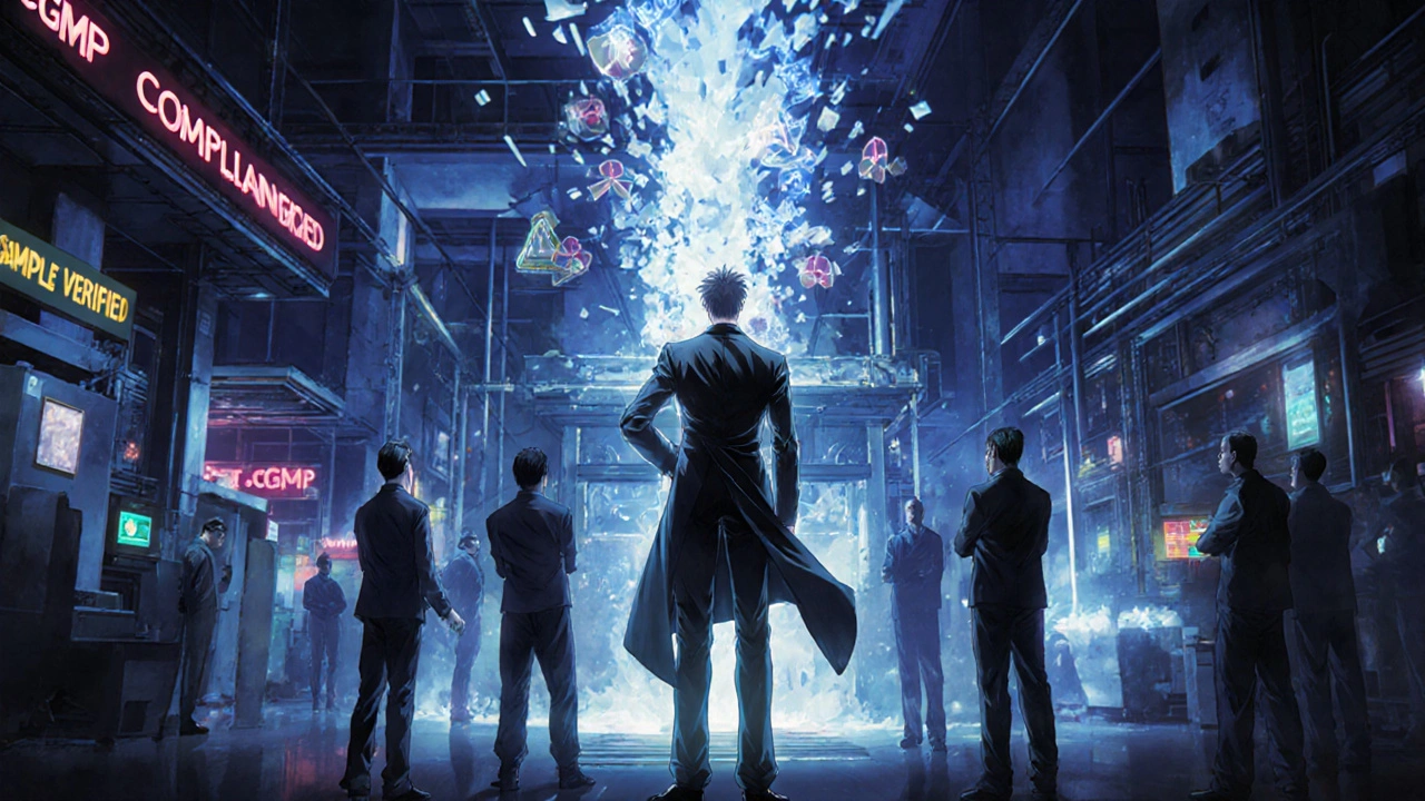 A dramatic night scene of an FDA inspector overseeing a glowing pharmaceutical production line overseas.