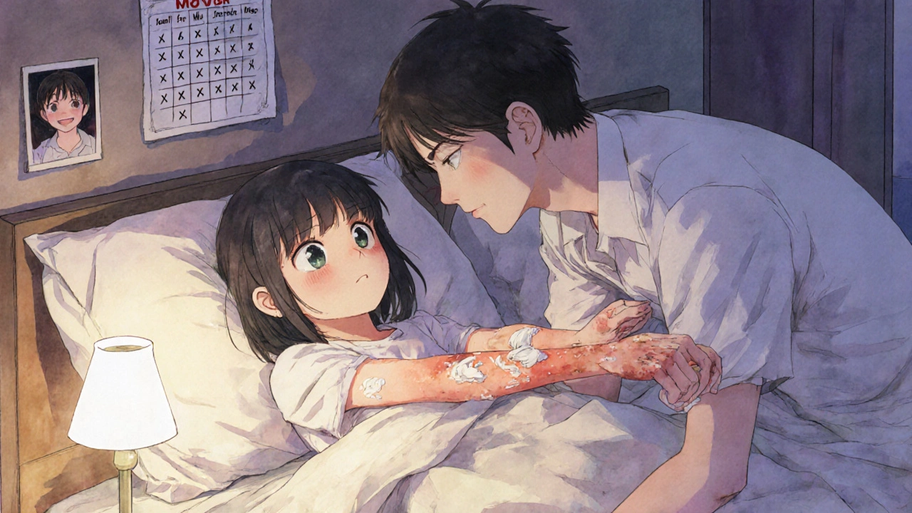 A father gently applies cream to his daughter’s red, flaking skin at night.