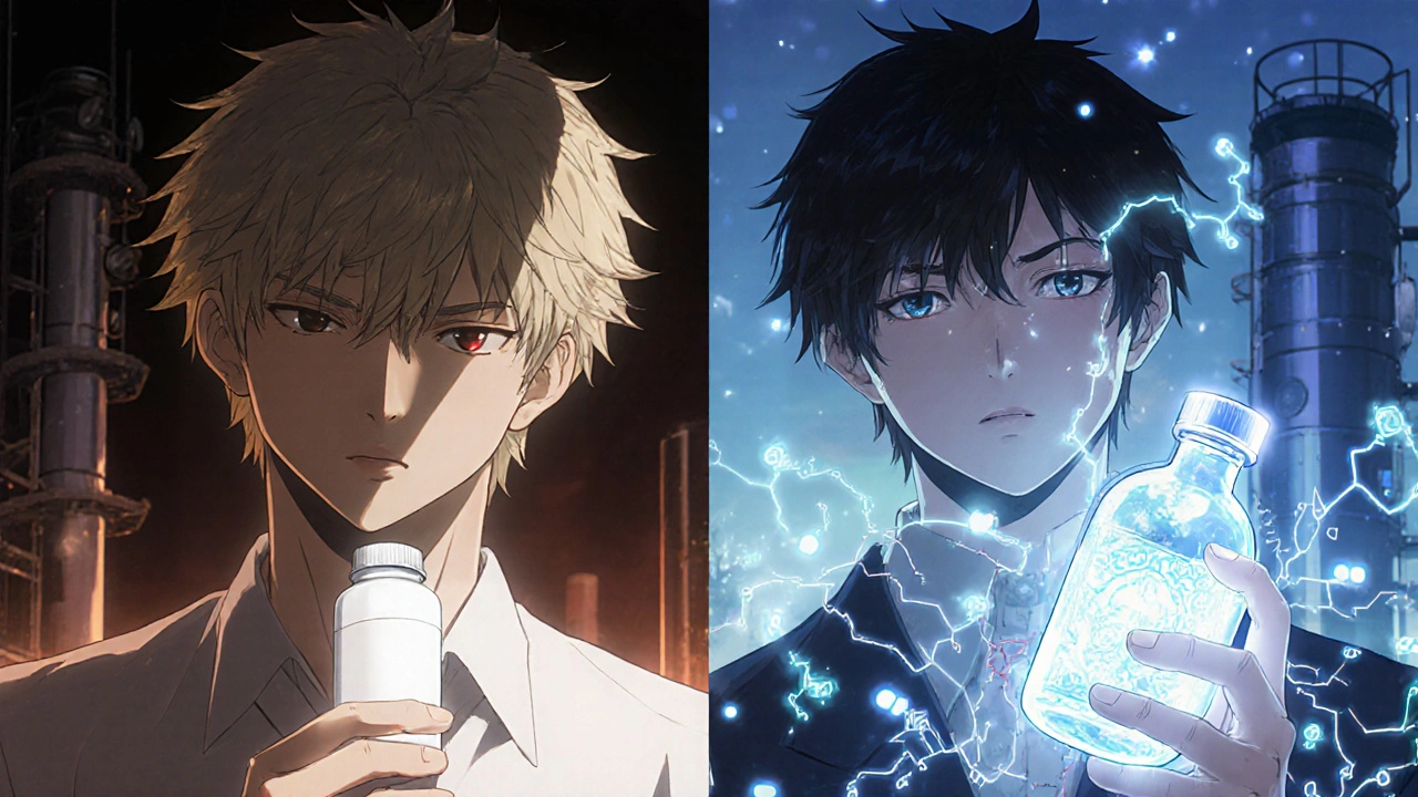 A figure holds a simple pill next to a complex glowing biologic vial with molecular patterns.