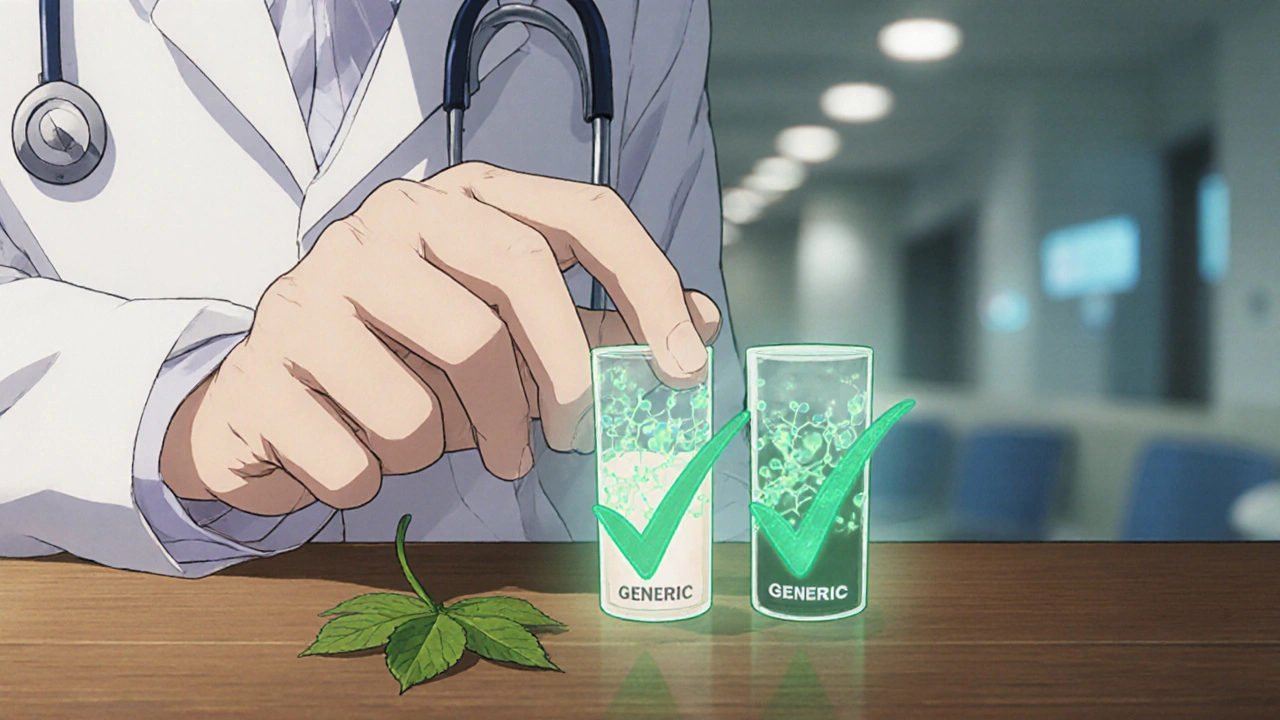 A generic pill and brand-name pill side by side with identical molecular structures glowing softly.