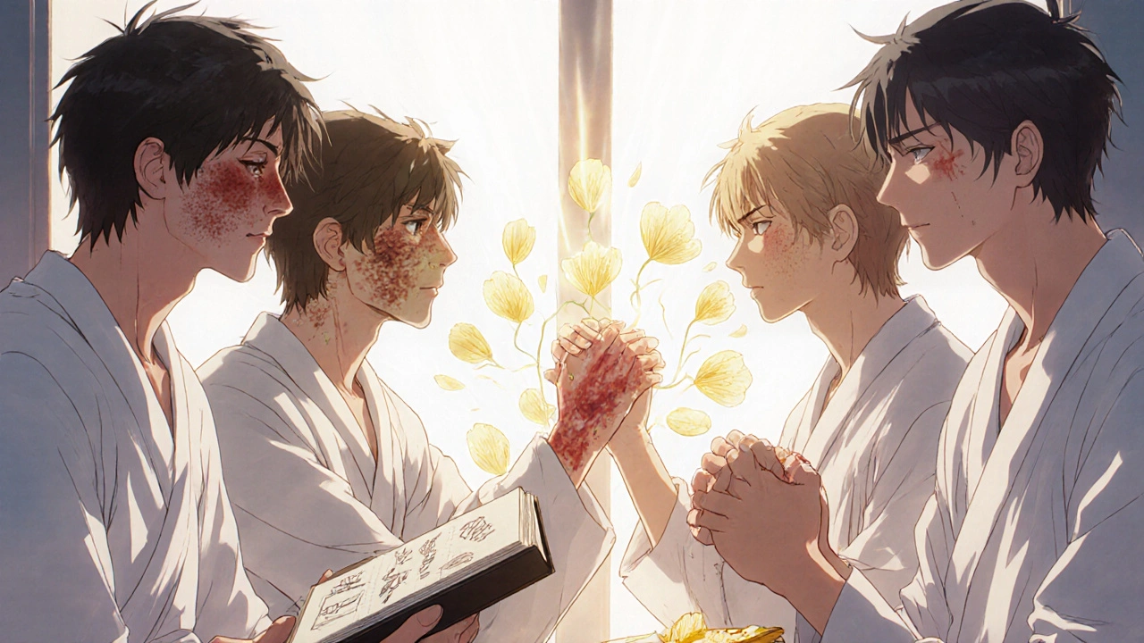 A group of people with withdrawal-affected skin sit together in quiet solidarity, bathed in sunlight.