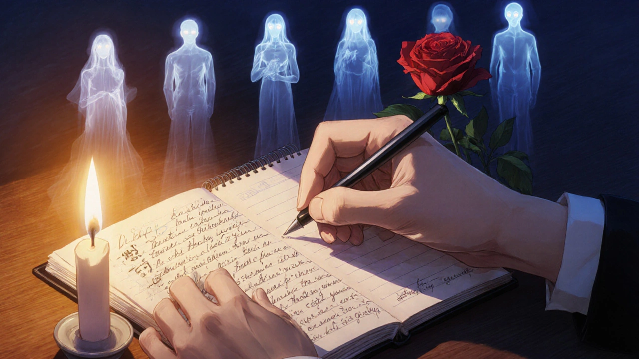 A hand writes symptoms in a journal as ghostly figures of grateful patients appear above it in soft light.